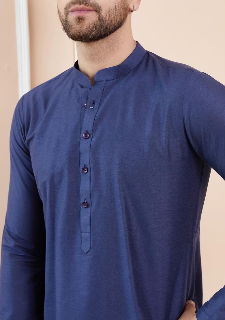 Blue Solid Cotton Kurta Set For Men