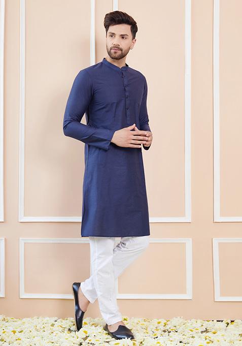 Blue Solid Cotton Kurta Set For Men