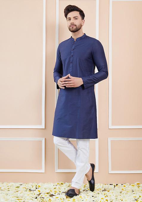 Blue Solid Cotton Kurta Set For Men