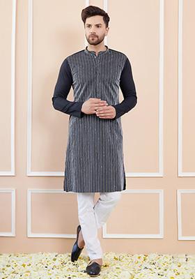 Black Sequin Thread Embroidered Straight Kurta Set For Men