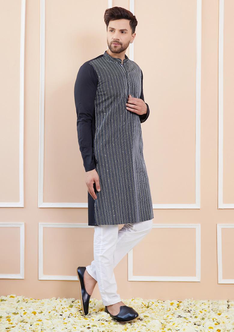 Black Sequin Thread Embroidered Straight Kurta Set For Men