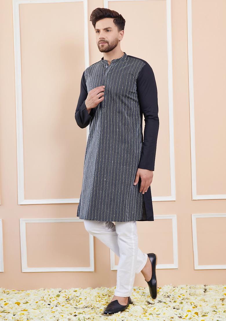Black Sequin Thread Embroidered Straight Kurta Set For Men