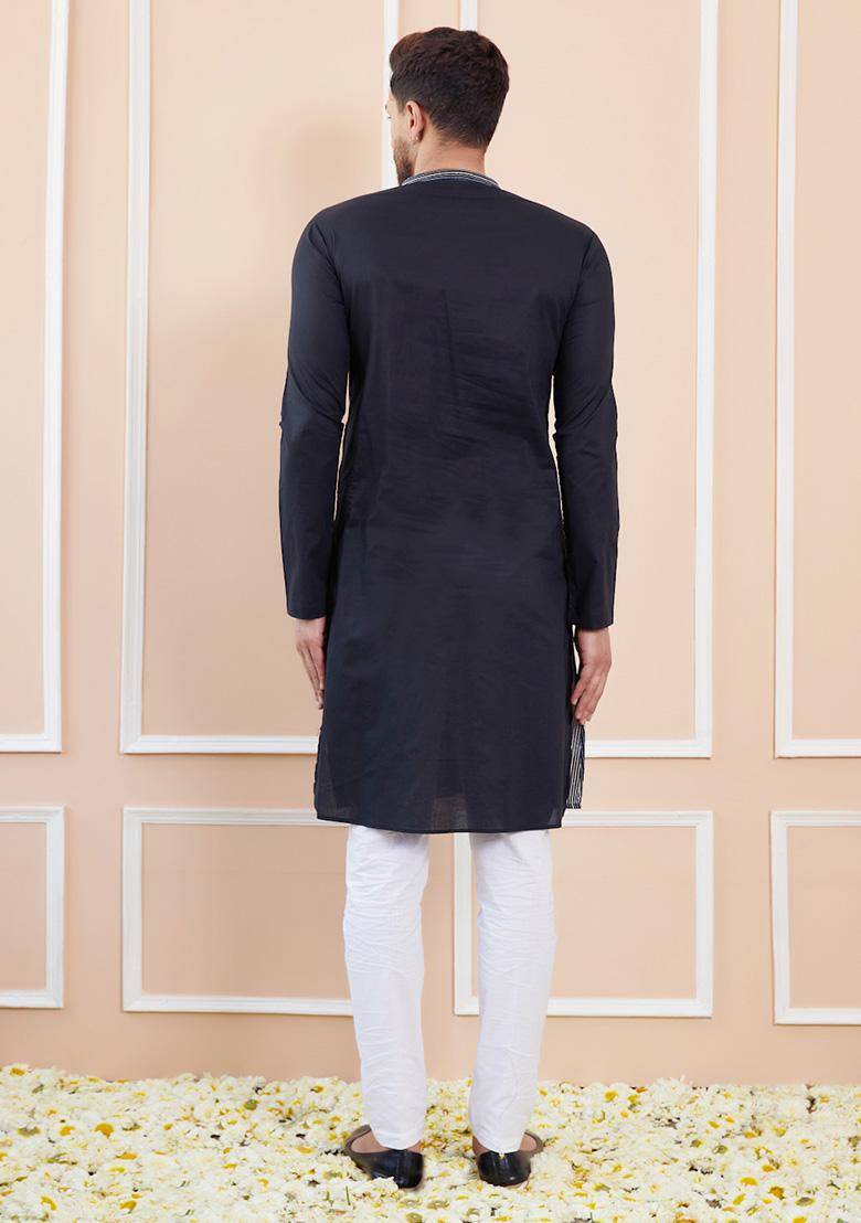 Black Sequin Thread Embroidered Straight Kurta Set For Men