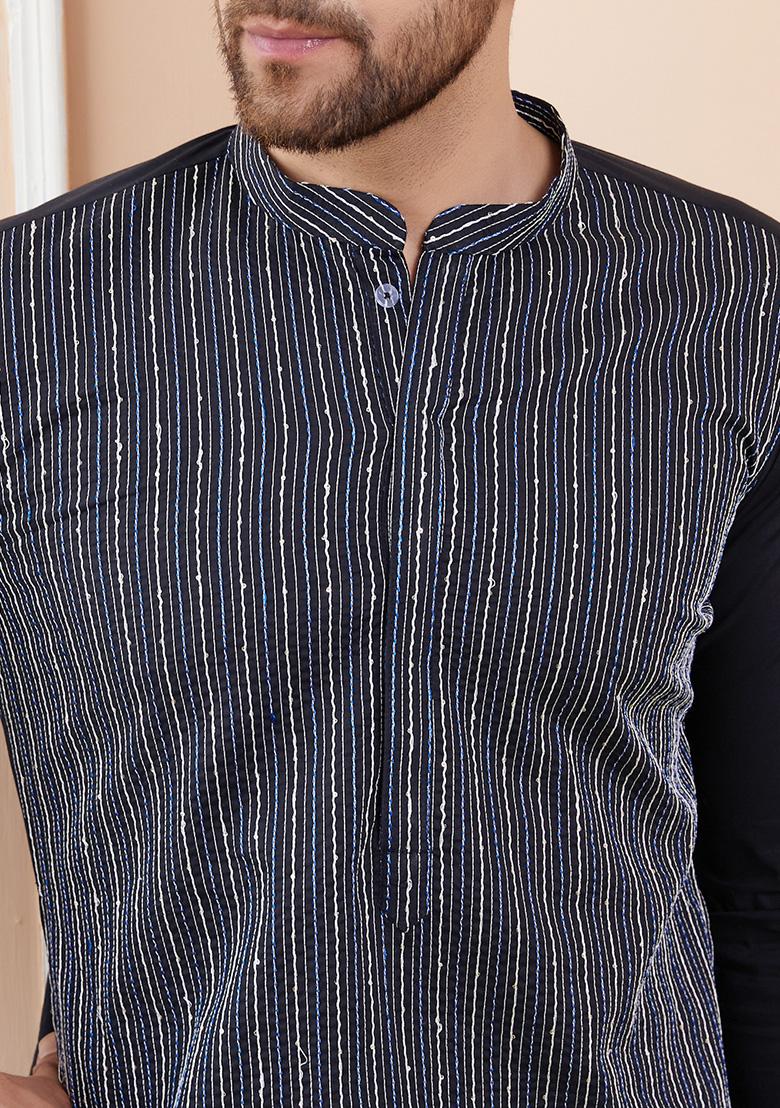 Black Sequin Thread Embroidered Straight Kurta Set For Men