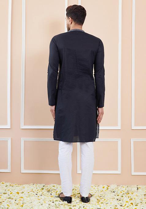 Black Sequin Thread Embroidered Straight Kurta Set For Men