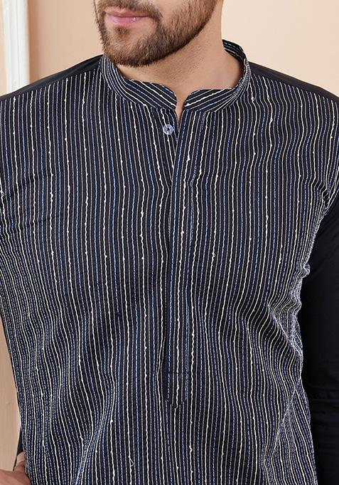Black Sequin Thread Embroidered Straight Kurta Set For Men
