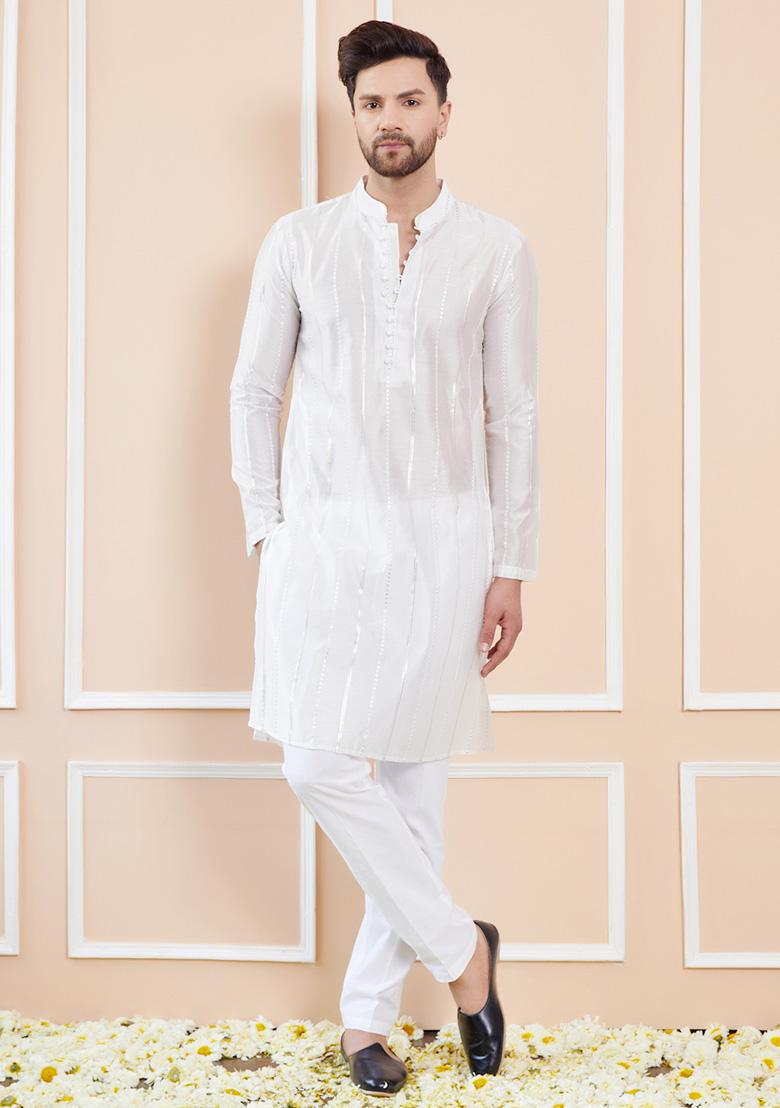 Off White Sequin Embroidered Straight Kurta Set For Men