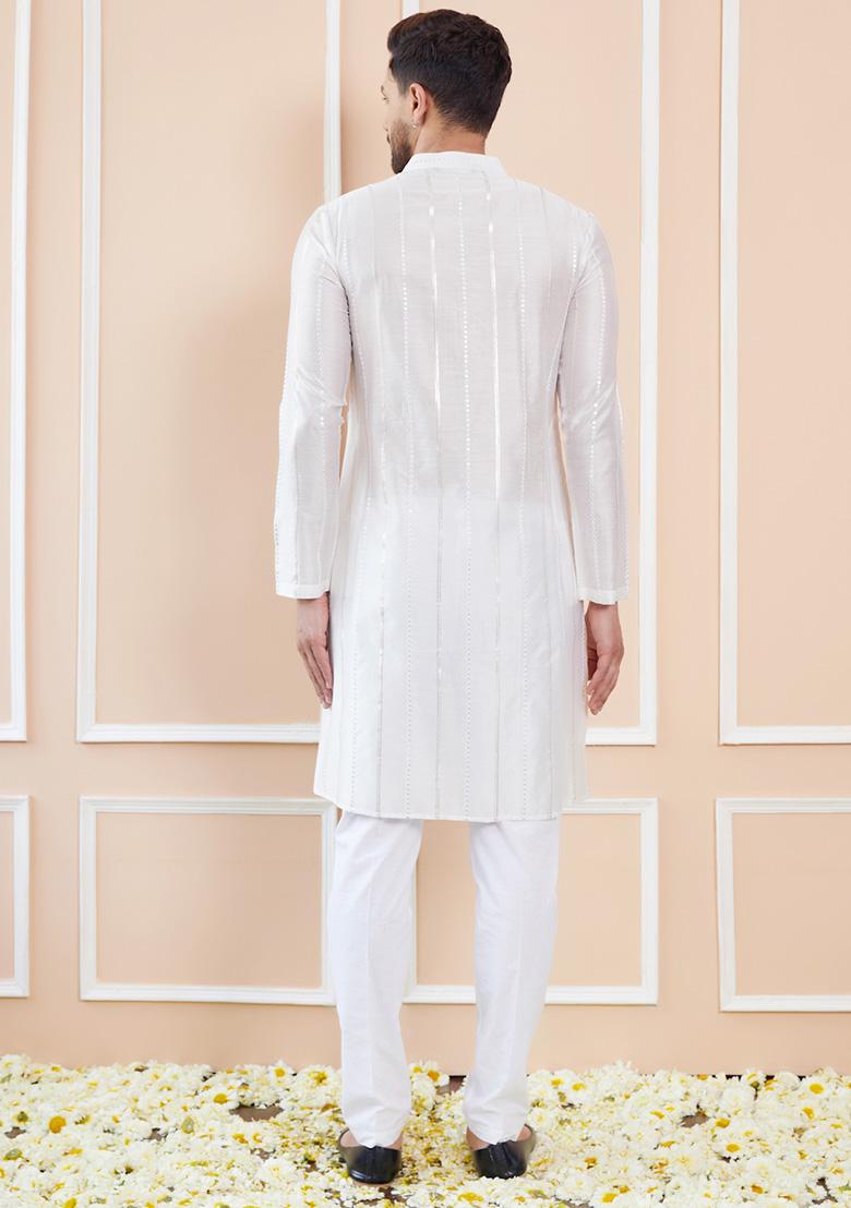 Off White Sequin Embroidered Straight Kurta Set For Men - Indya