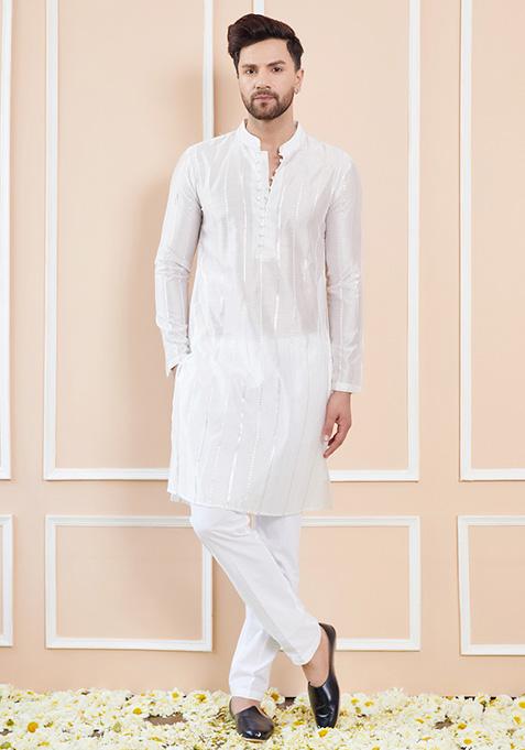 Off White Sequin Embroidered Straight Kurta Set For Men