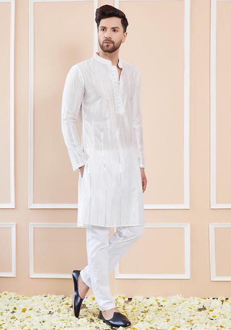 Off White Sequin Embroidered Straight Kurta Set For Men
