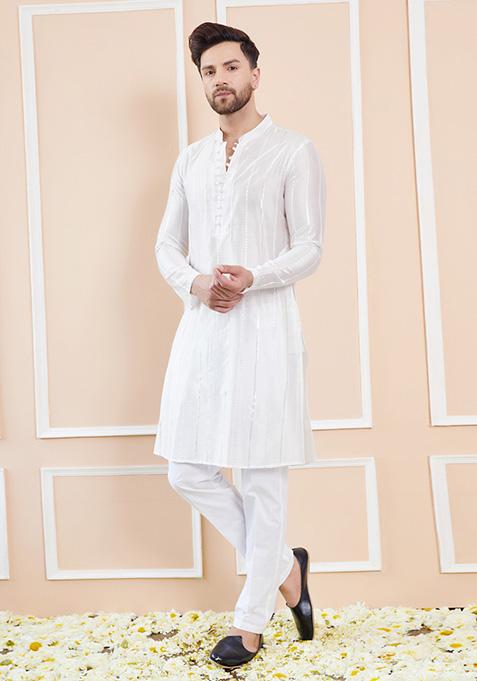 Off White Sequin Embroidered Straight Kurta Set For Men