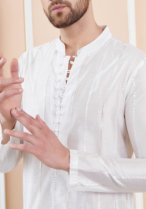 Off White Sequin Embroidered Straight Kurta Set For Men