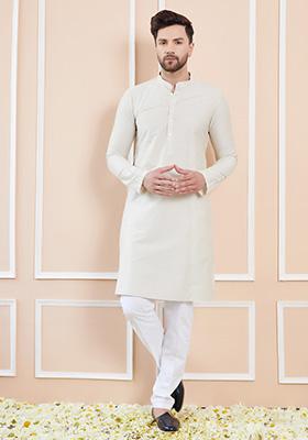 Cream Solid Kurta Set For Men