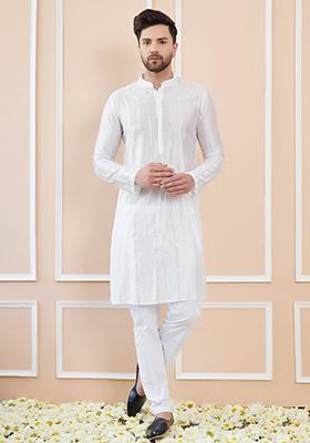 Off White Sequin Embroidered Kurta Set For Men