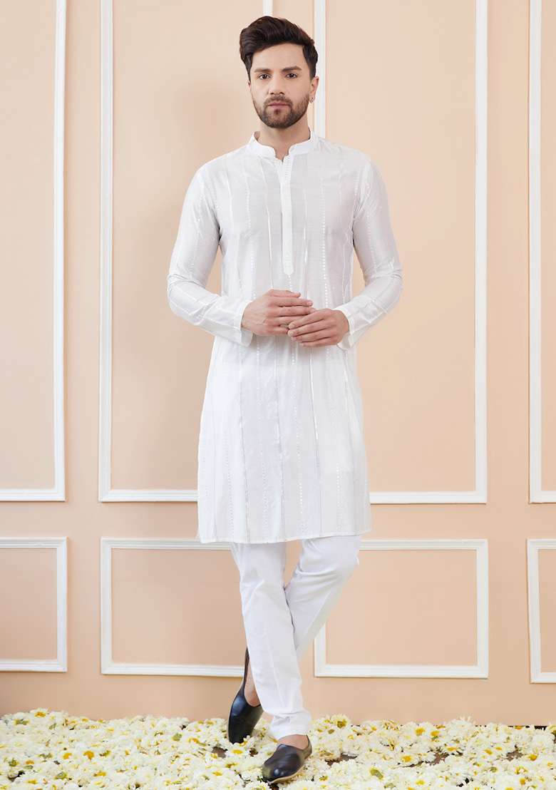 Off White Sequin Embroidered Kurta Set For Men - Indya