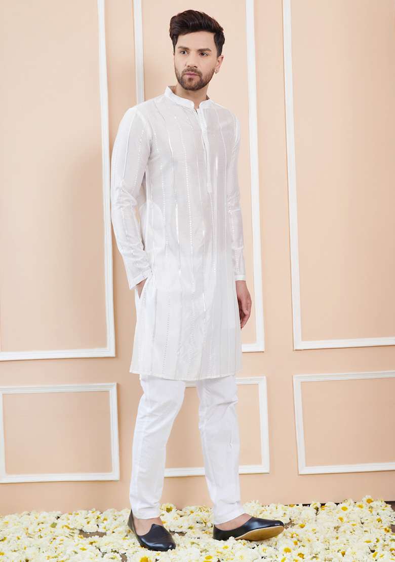 Off White Sequin Embroidered Kurta Set For Men - Indya