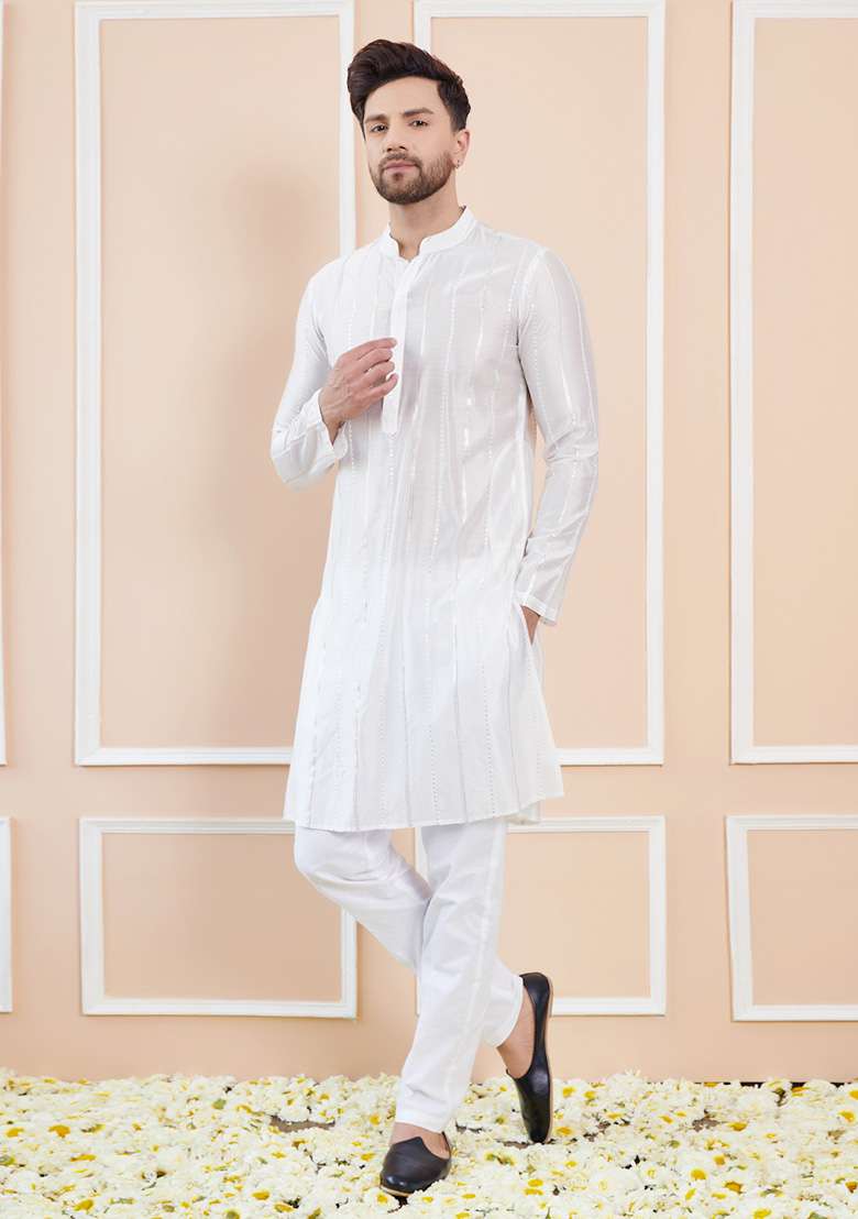 Off White Sequin Embroidered Kurta Set For Men - Indya