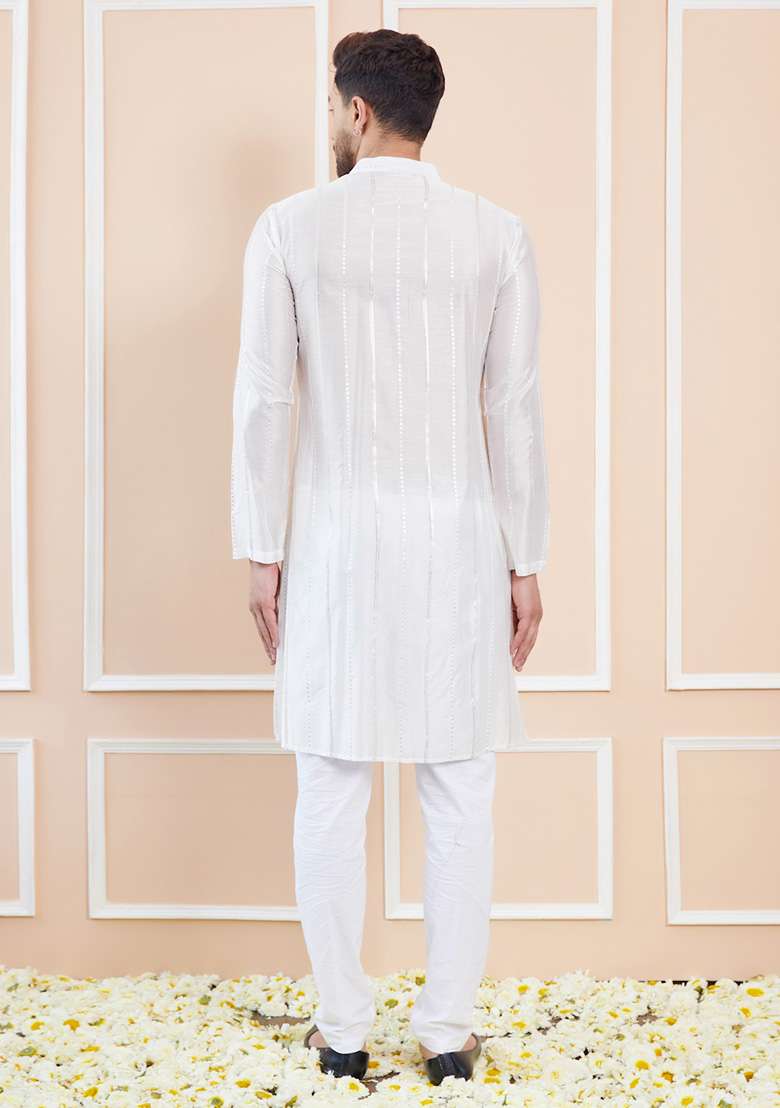 Off White Sequin Embroidered Kurta Set For Men - Indya