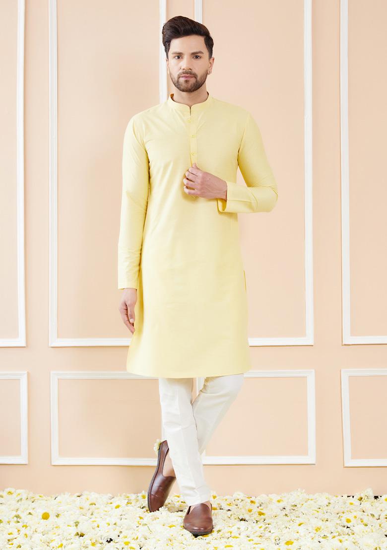 Yellow Cotton Kurta Set For Men