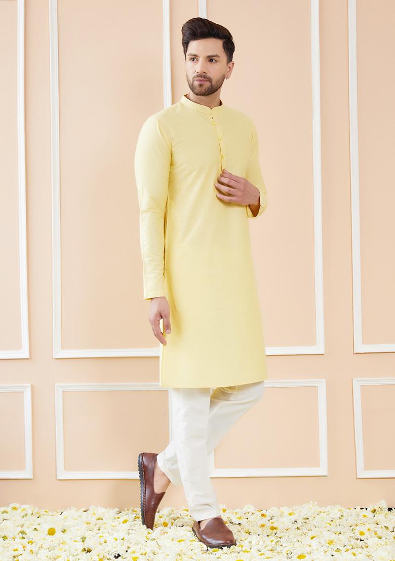 Yellow Cotton Kurta Set For Men