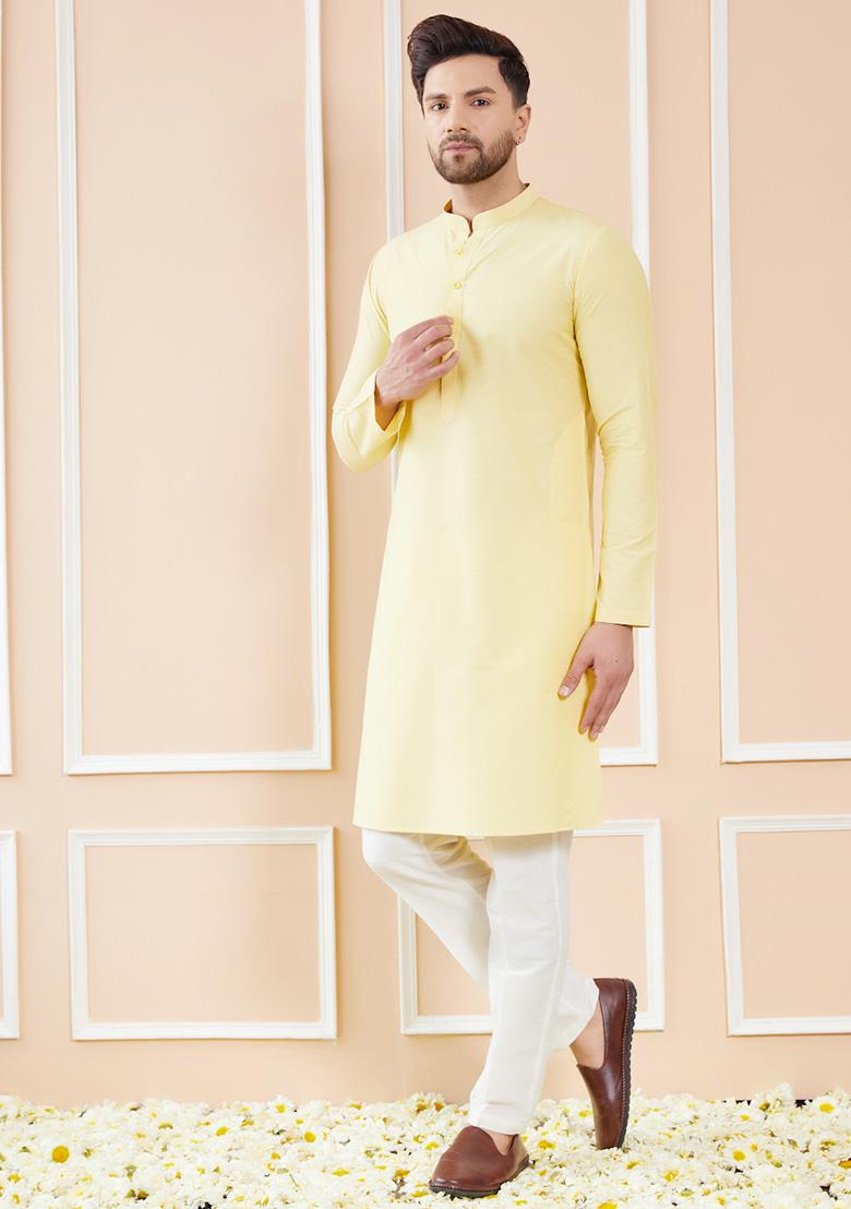 Yellow Cotton Kurta Set For Men