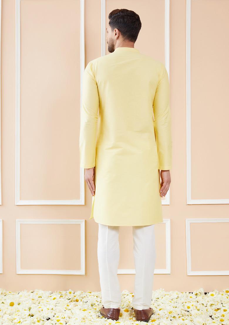 Yellow Cotton Kurta Set For Men