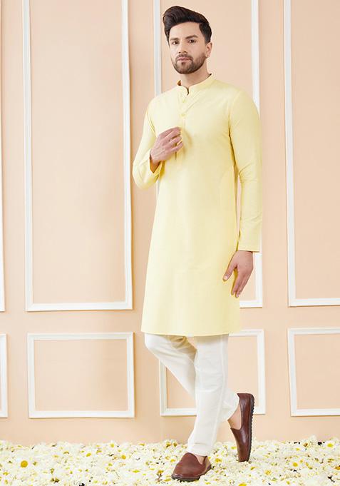 Yellow Cotton Kurta Set For Men