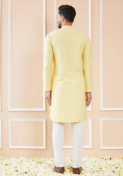 Yellow Cotton Kurta Set For Men
