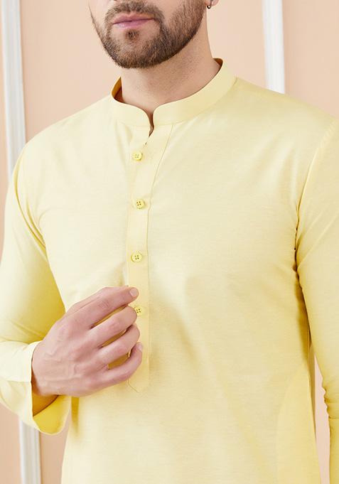 Yellow Cotton Kurta Set For Men