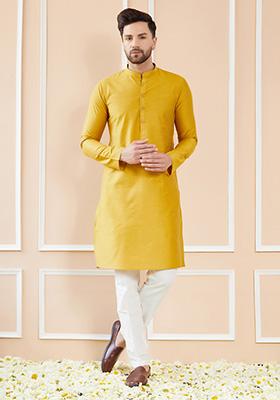 Yellow Cotton Straight Kurta Set For Men