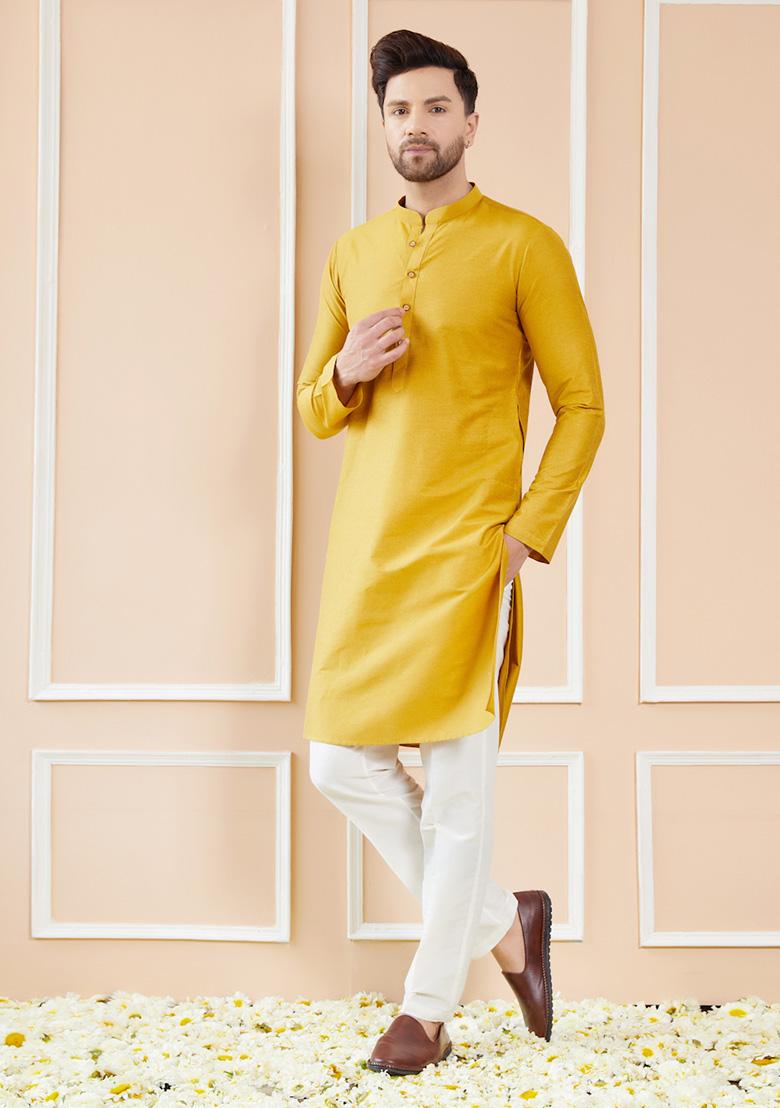 Yellow Cotton Straight Kurta Set For Men
