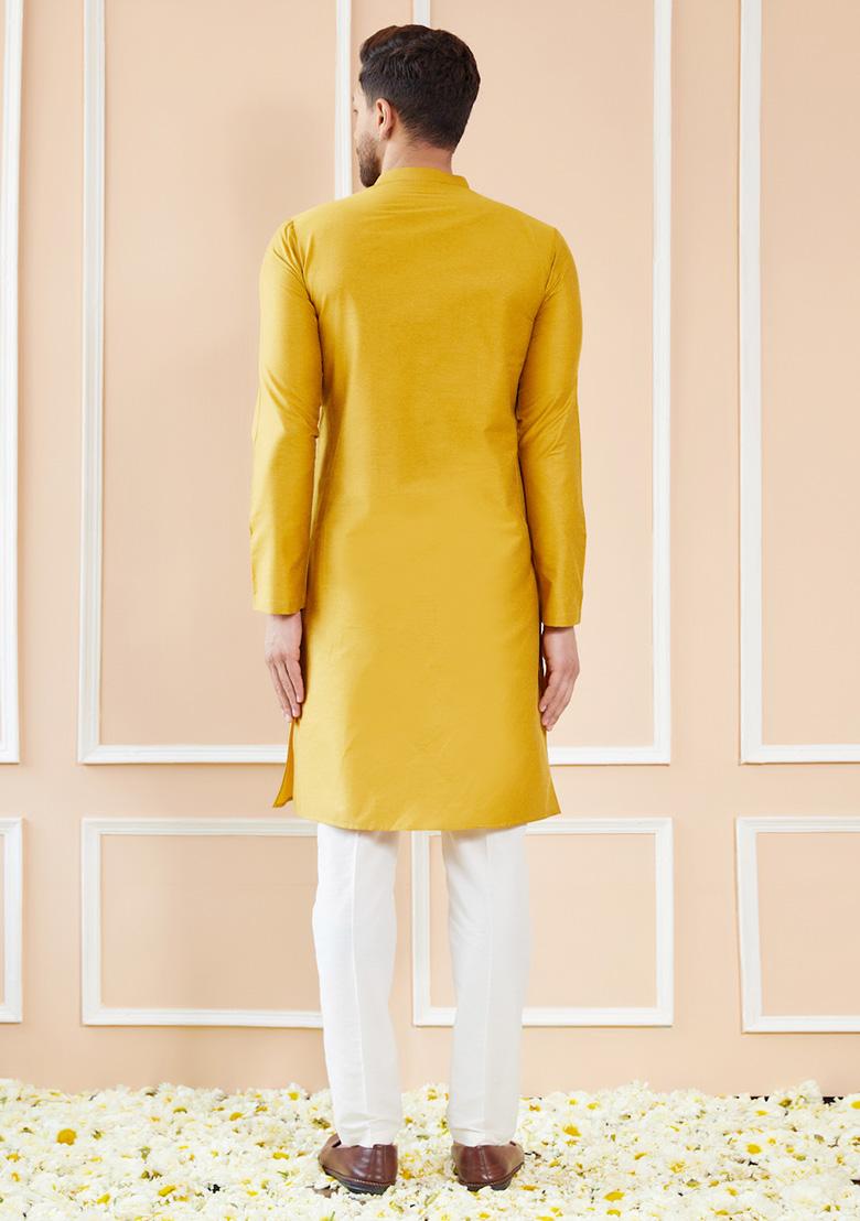 Yellow Cotton Straight Kurta Set For Men