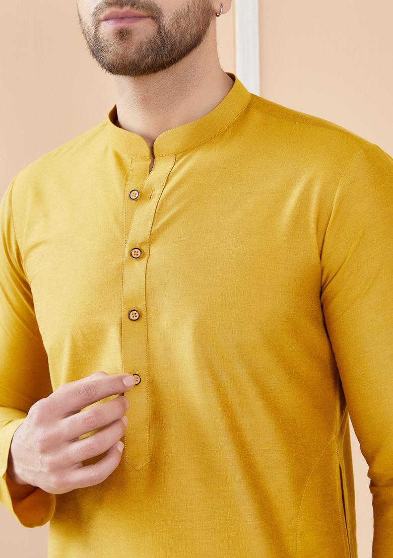 Yellow Cotton Straight Kurta Set For Men