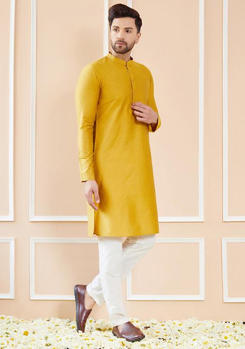Yellow Cotton Straight Kurta Set For Men