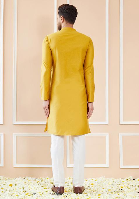 Yellow Cotton Straight Kurta Set For Men