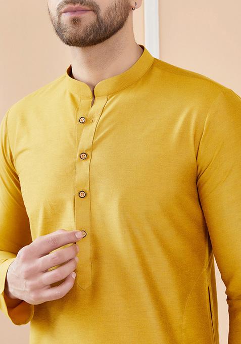 Yellow Cotton Straight Kurta Set For Men