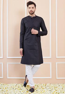 Black Printed Straight Kurta Set For Men
