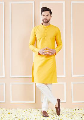 Yellow Cotton Solid Straight Kurta Set For Men