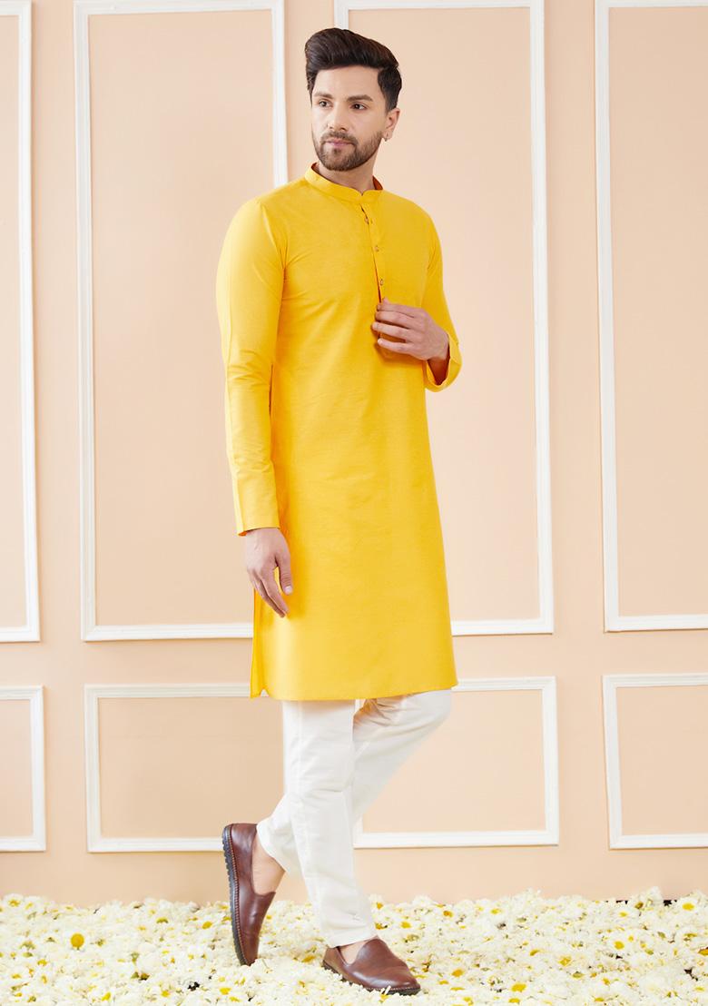 Yellow Cotton Solid Straight Kurta Set For Men