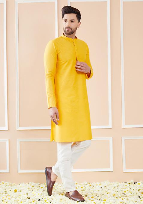 Yellow Cotton Solid Straight Kurta Set For Men