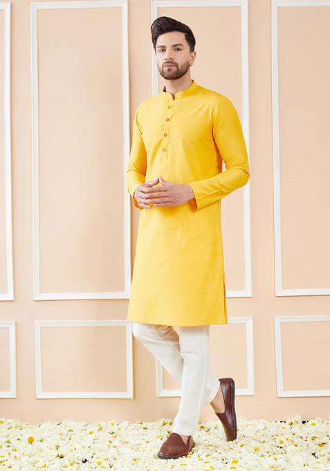 Yellow Cotton Solid Straight Kurta Set For Men