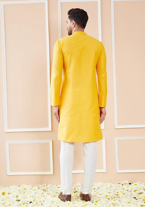 Yellow Cotton Solid Straight Kurta Set For Men