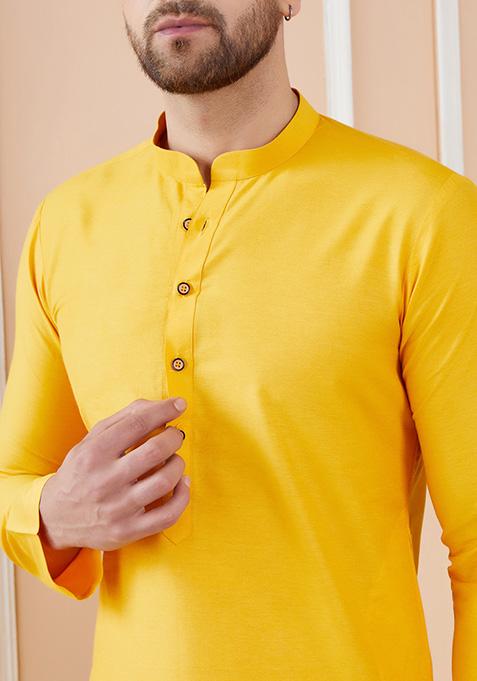 Yellow Cotton Solid Straight Kurta Set For Men