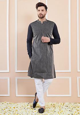 Black Sequin Thread Embroidered Cotton Straight Kurta Set For Men