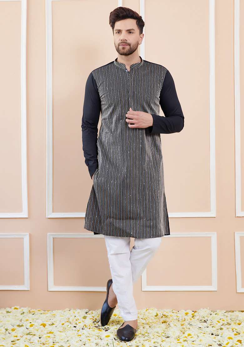 Black Sequin Thread Embroidered Cotton Straight Kurta Set For Men - Indya