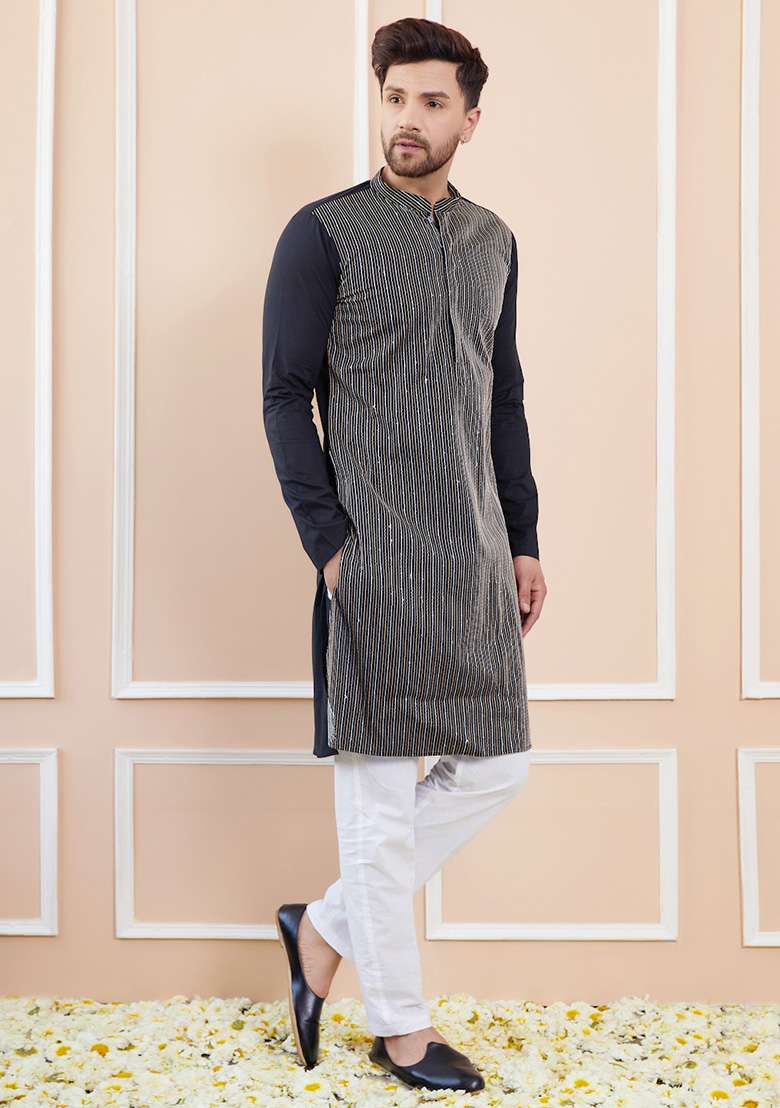 Black Sequin Thread Embroidered Cotton Straight Kurta Set For Men - Indya