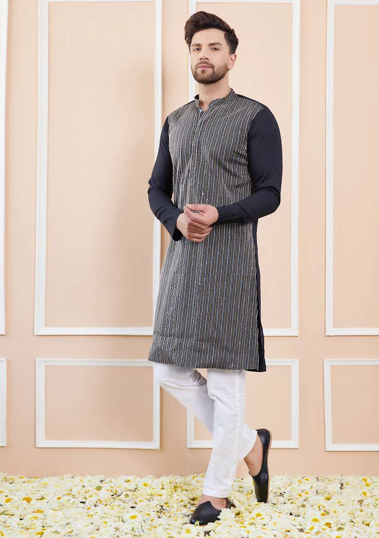 Black Sequin Thread Embroidered Cotton Straight Kurta Set For Men - Indya