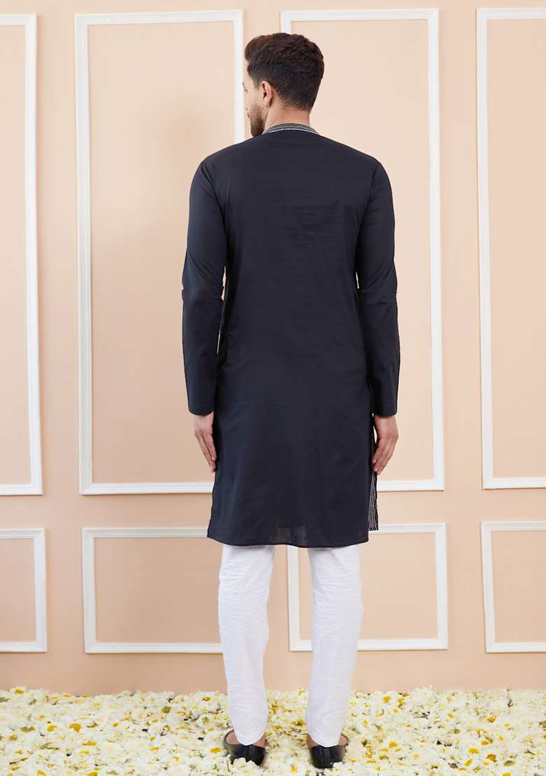 Black Sequin Thread Embroidered Cotton Straight Kurta Set For Men - Indya