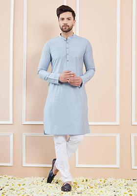 Blue Solid Cotton Straight Kurta Set For Men