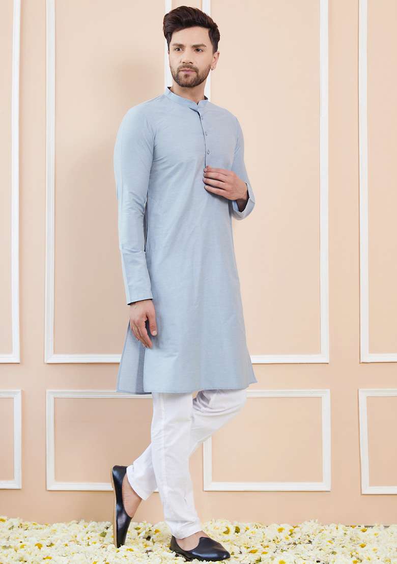 Blue Solid Cotton Straight Kurta Set For Men - Indya